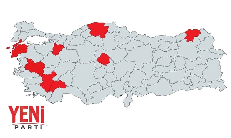 Yeni Parti'nin belediye başkanlıkları haritası — katılımlarla birlikte güncellenmektedir.